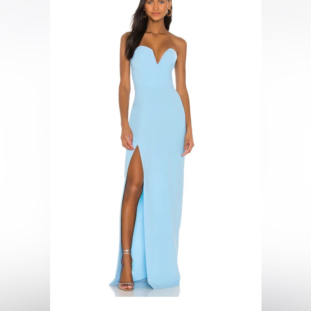Amanda Uprichard Blue sweetheart neckline long dress with slit from Revolve